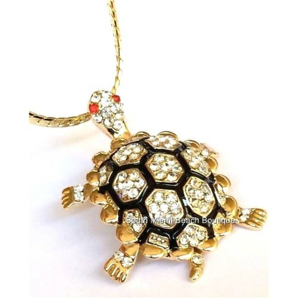 BIG Gold Crystal Turtle Pendant Necklace 20" Plated Chunky Sea Life Enamel